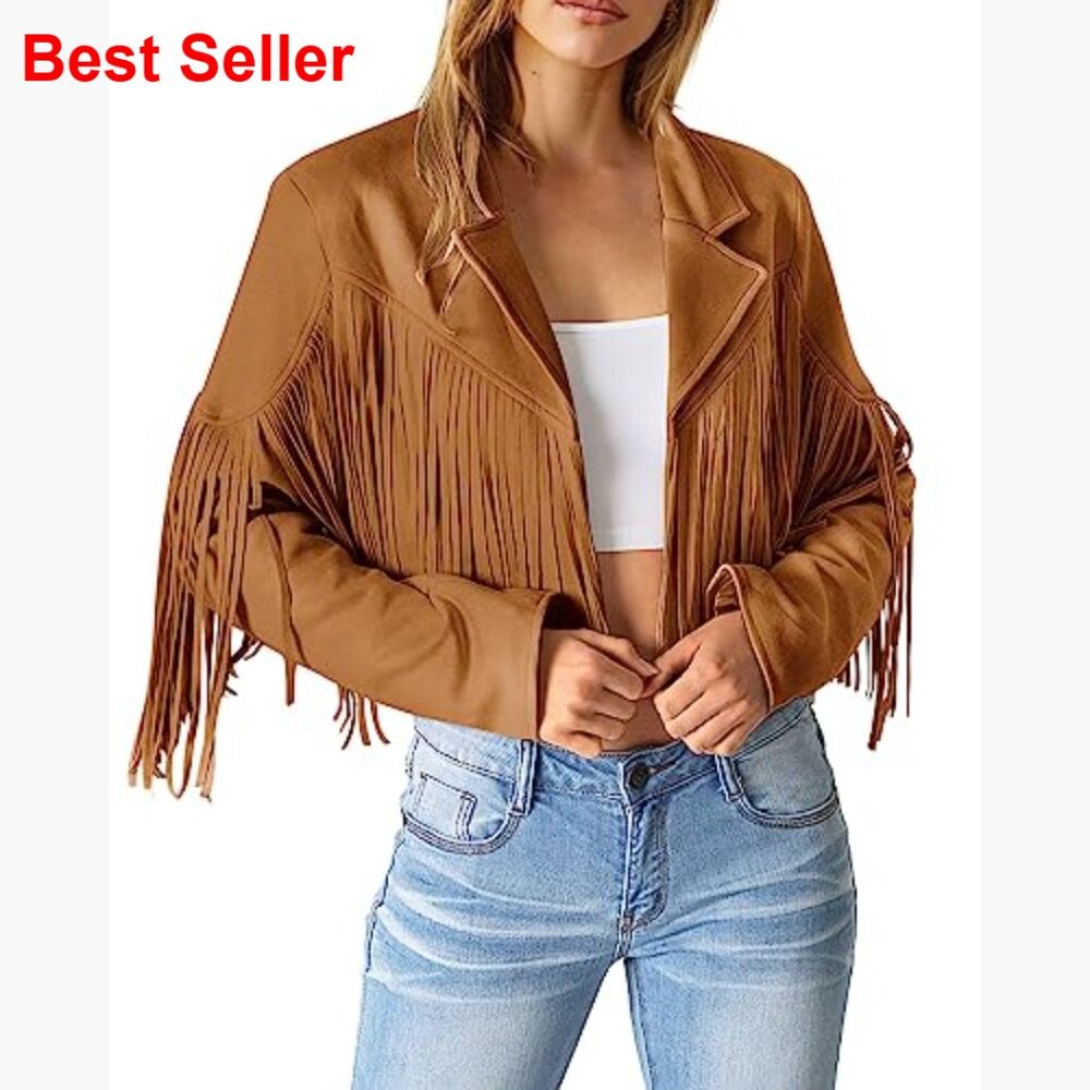 Faux Suede Fringe Cropped Jacket with Tassel Design - Picture 2 of 7